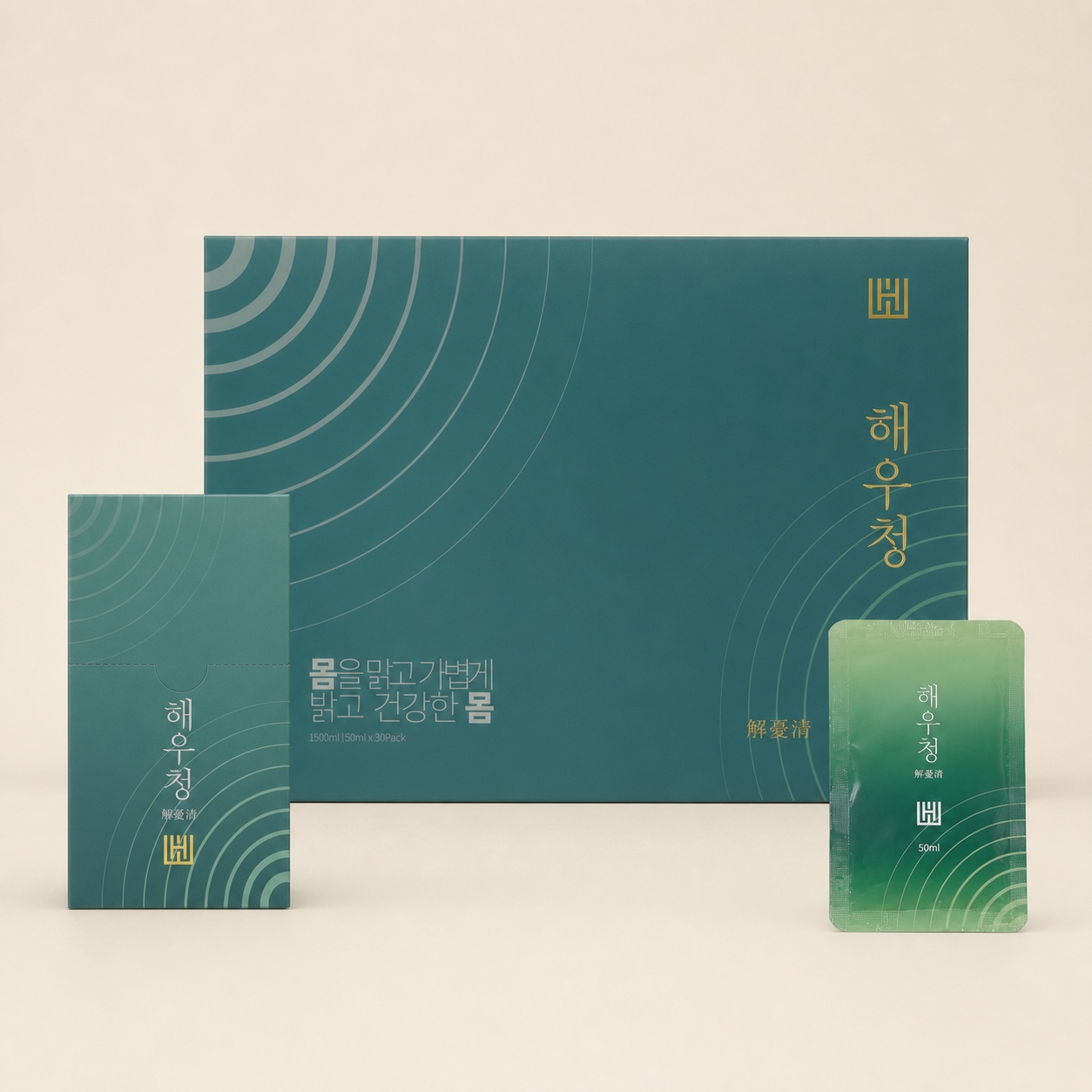 해우청 대형 상자와 소형 상자 그리고 개별 파우치 전체 구성